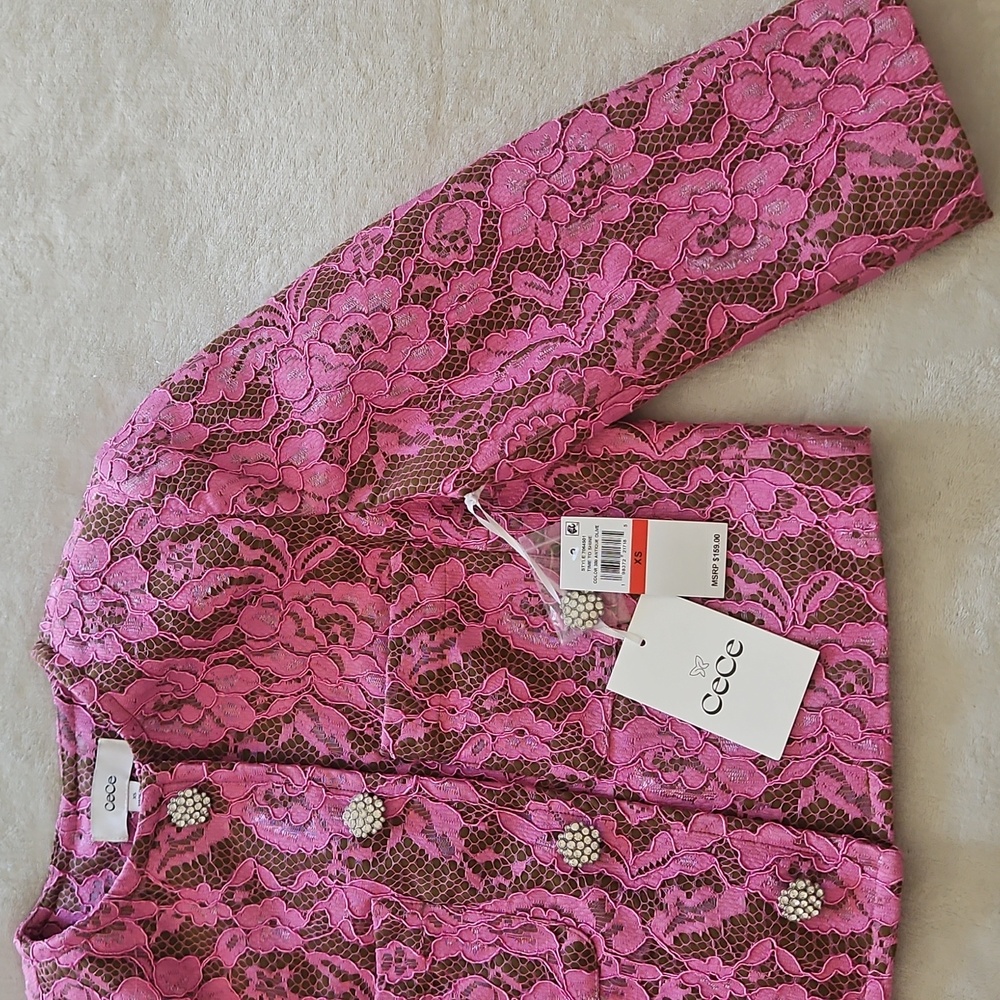 CeCe Antique Olive W/Pink Lace/ Rhinestone Button Cropped Collarless Jacket: XS - Picture 6 of 16